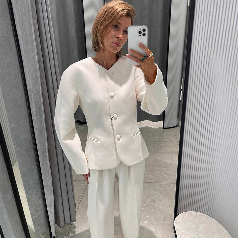 Damen Elegante Blazerjacke mit modischen Puffärmeln und dekorativem Knopfdesign R&B