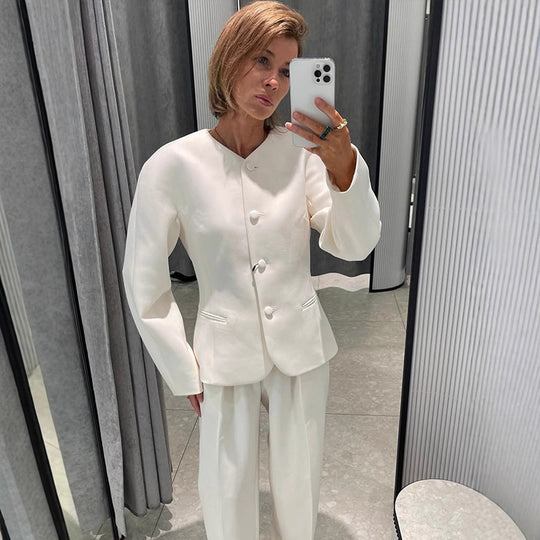 Damen Elegante Blazerjacke mit modischen Puffärmeln und dekorativem Knopfdesign R&B