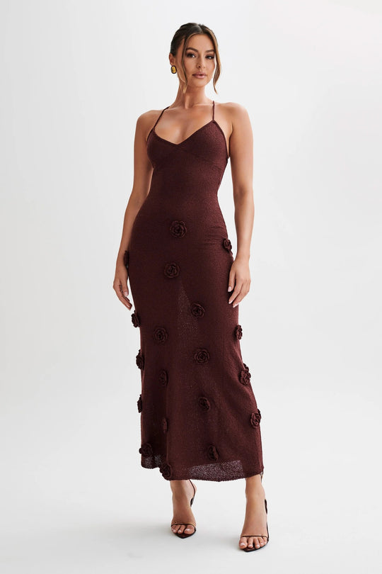 Damen elegantes glitzerndes Maxikleid mit floralen Applikationen R&B