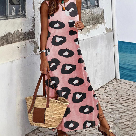 Damen Maxikleid mit modernem Leopardenmuster und ärmellosem Design R&B