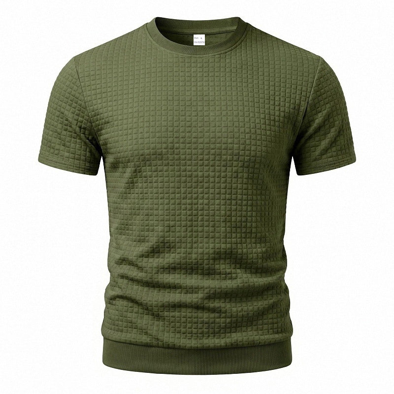 Herren nan kurzärmeliges Strickshirt mit geprägter Karostruktur, Rundhalsausschnitt und geripptem Saum R&B