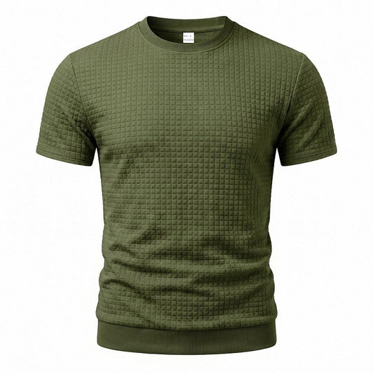 Herren nan kurzärmeliges Strickshirt mit geprägter Karostruktur, Rundhalsausschnitt und geripptem Saum R&B