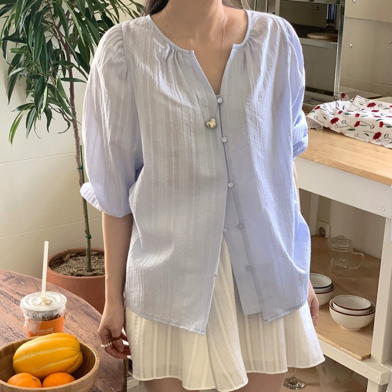 Damen Relaxed Fit Puffärmel Button-Up Bluse R&B