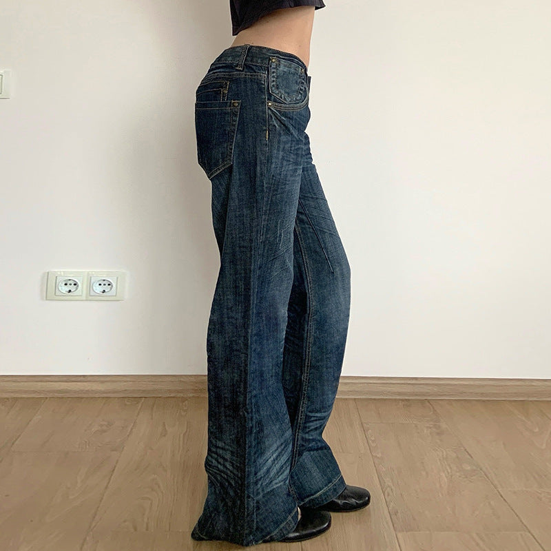 Damen Weite Jeans im Vintage-Stil mit hohem Bund und modischen Steppnähten R&B