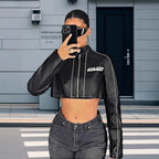 Damen cropped Kunstlederjacke mit sportlichen Zierelementen R&B