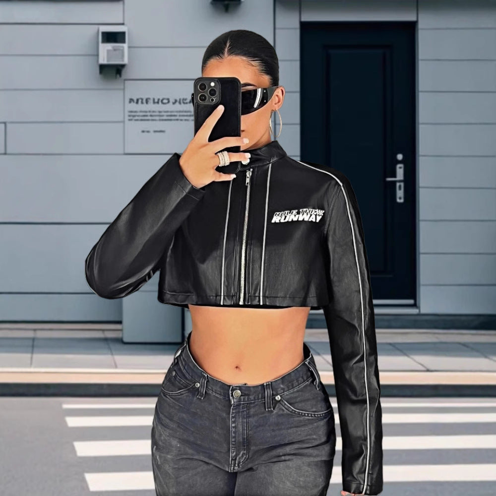 Damen cropped Kunstlederjacke mit sportlichen Zierelementen R&B