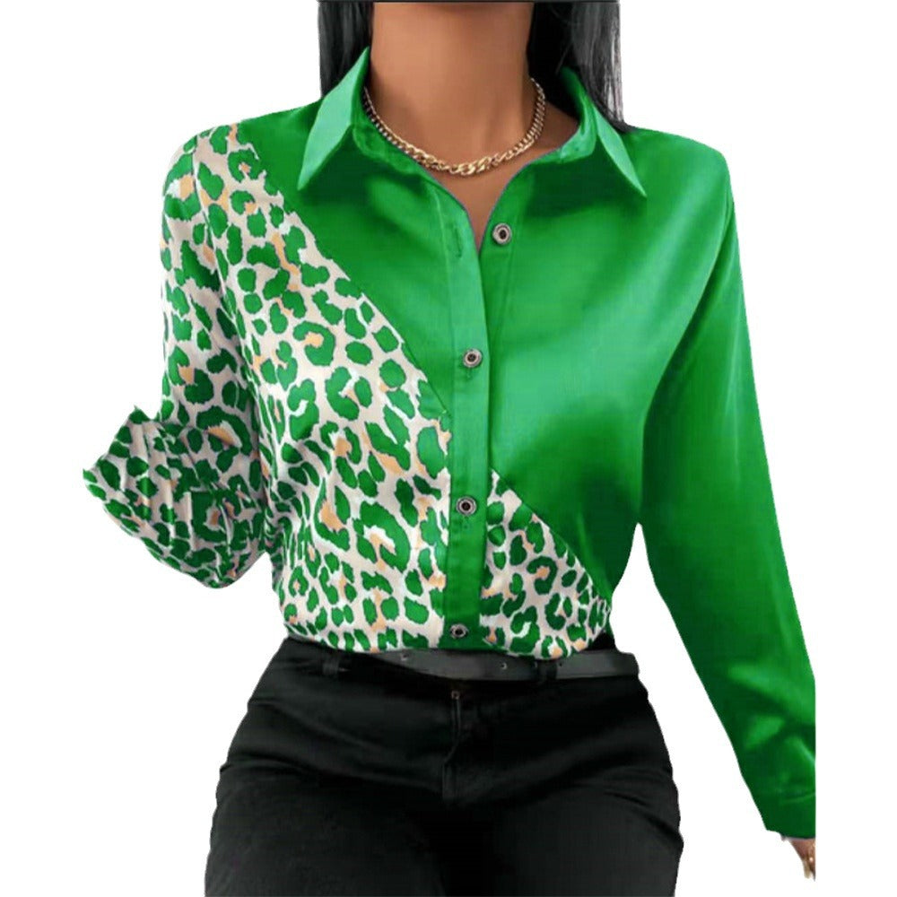 Damen Satinbluse mit asymmetrischem Leo-Design und glamouröser Knopfleiste R&B