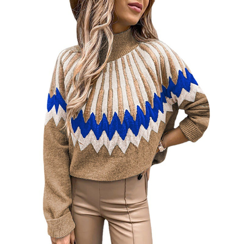 Damen Modischer Grobstrickpullover mit grafikintensivem Design und hohen Kragen R&B