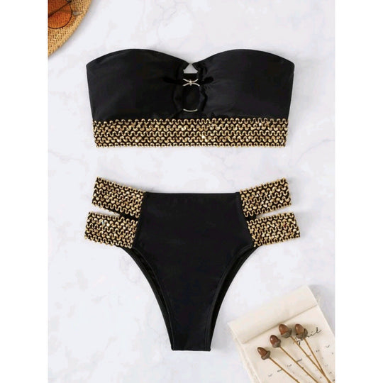 Damen Bandeau-Bikini mit goldenen Akzenten und hohem Taillenschnitt R&B