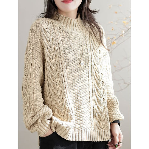 Damen Grobstrickpullover mit hohem Kragen und Zopfmuster R&B