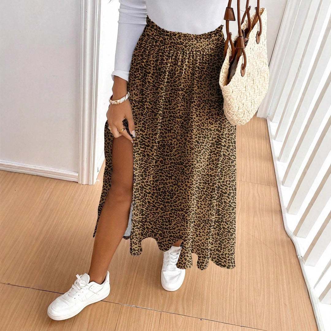 Damen Maxirock mit hohem Schlitz und Leopardendruck R&B