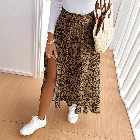 Damen Maxirock mit hohem Schlitz und Leopardendruck R&B