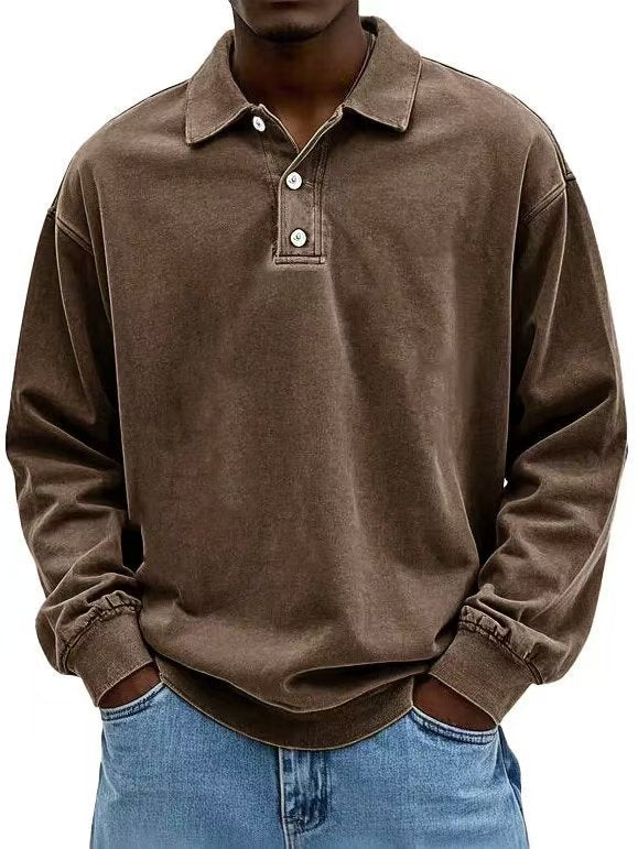 Herren nan lässiges Poloshirt-Sweatshirt mit Kragen, Vintage-Waschung und dreiteiliger Knopfleiste R&B