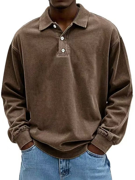 Herren nan lässiges Poloshirt-Sweatshirt mit Kragen, Vintage-Waschung und dreiteiliger Knopfleiste R&B