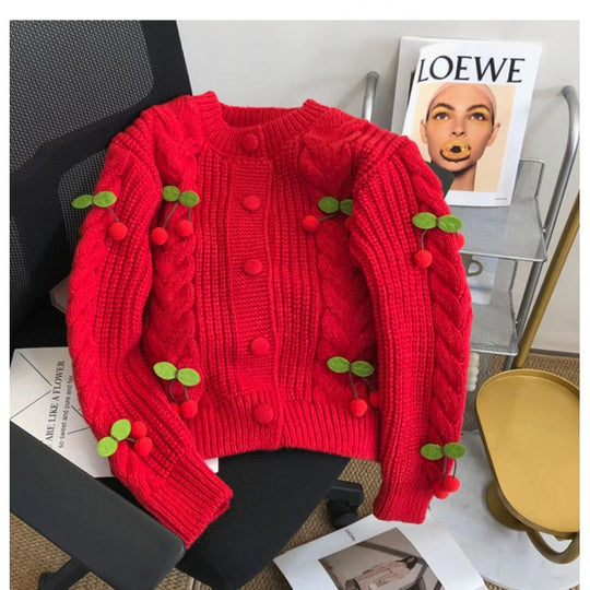 Damen Strickjacke mit verspieltem Kirschmotiv und eleganten Zopfmustern R&B