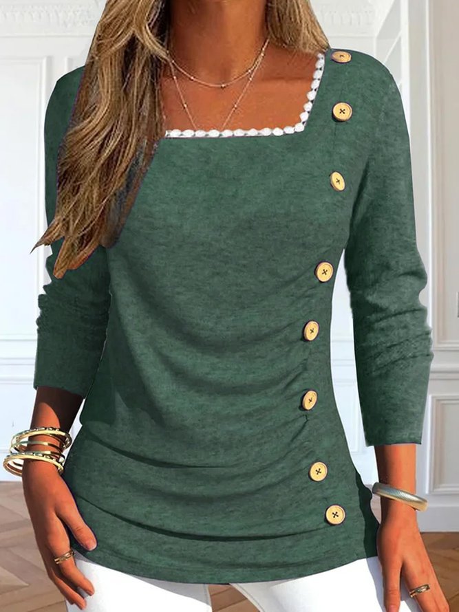 Damen Langarmshirt mit quadratischem Ausschnitt und dekorativen Knopfdetails R&B