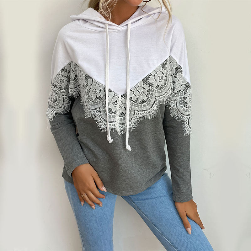 Damen Kapuzenpullover mit elegantem Spitzendesign und kontrastierenden Farben R&B