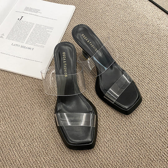 Damen transparente Mules mit quadratischer Zehenpartie und elegantem Riemchen R&B