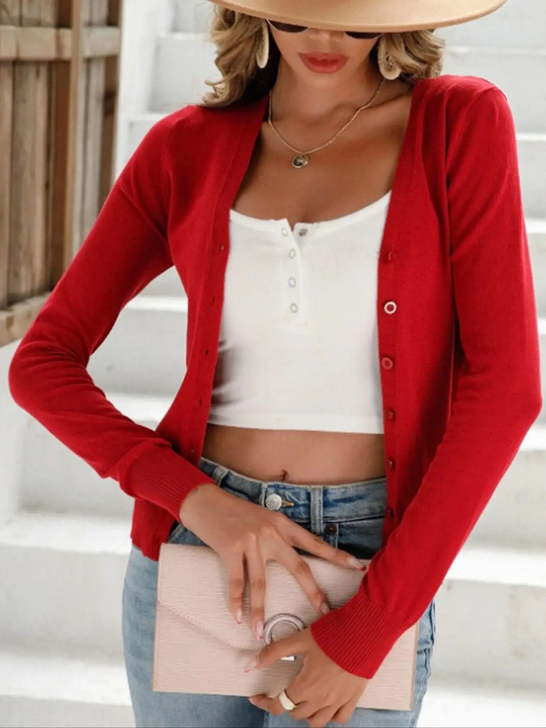Damen lässiger Langarm-Cardigan mit Knopfverschluss R&B