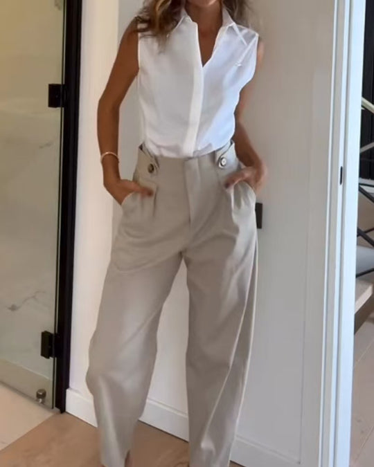 Damen Elegante Hochtaillierte Stoffhose mit Taschen R&B