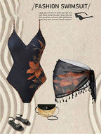 Damen R&BBadeanzug mit floralem Design und transparentem Wickelrock R&B