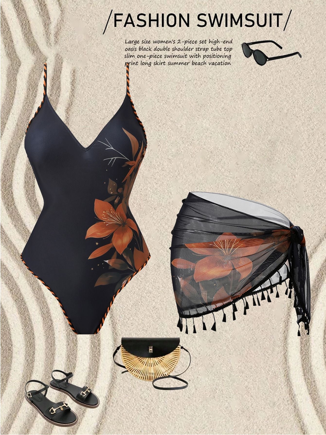 Damen R&BBadeanzug mit floralem Design und transparentem Wickelrock R&B