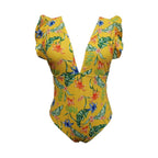 Damen Eleganter Einteiler Badeanzug mit Blumenmuster und voluminösen Ärmeln R&B