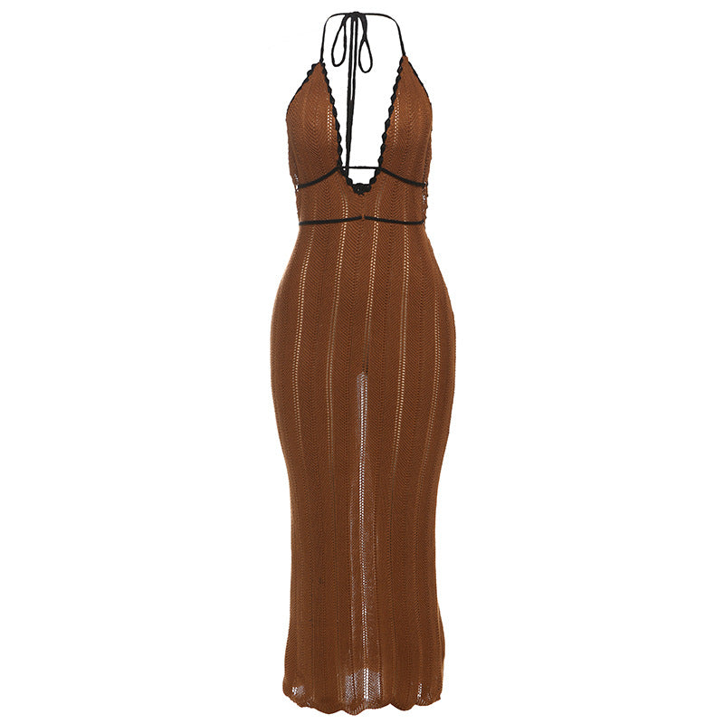 Damen Strick Maxikleid mit tiefem V-Ausschnitt und Bindebändern R&B