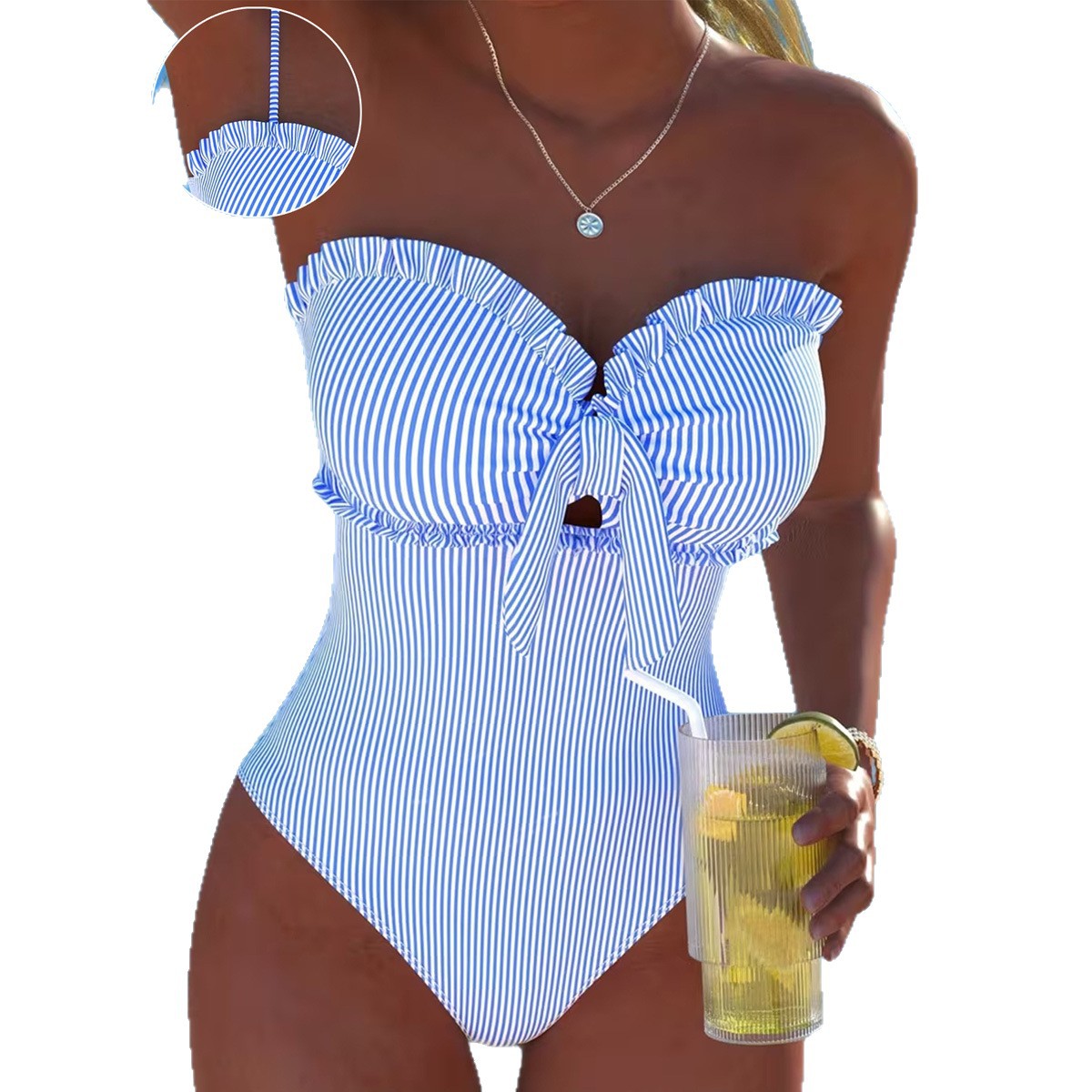 Damen Einteiliger Badeanzug mit Rüschen und Wickel-Design R&B