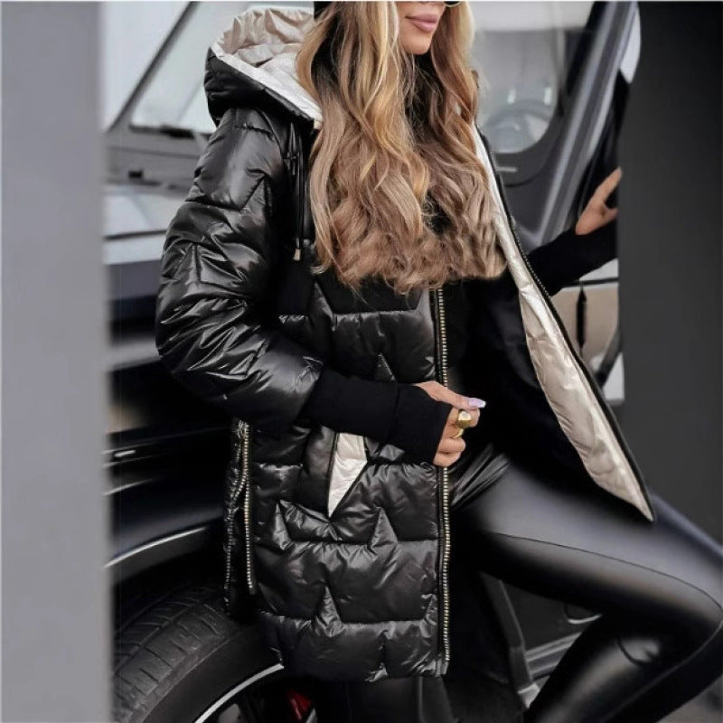 Damen lange, gefütterte Winterjacke mit Kapuze R&B
