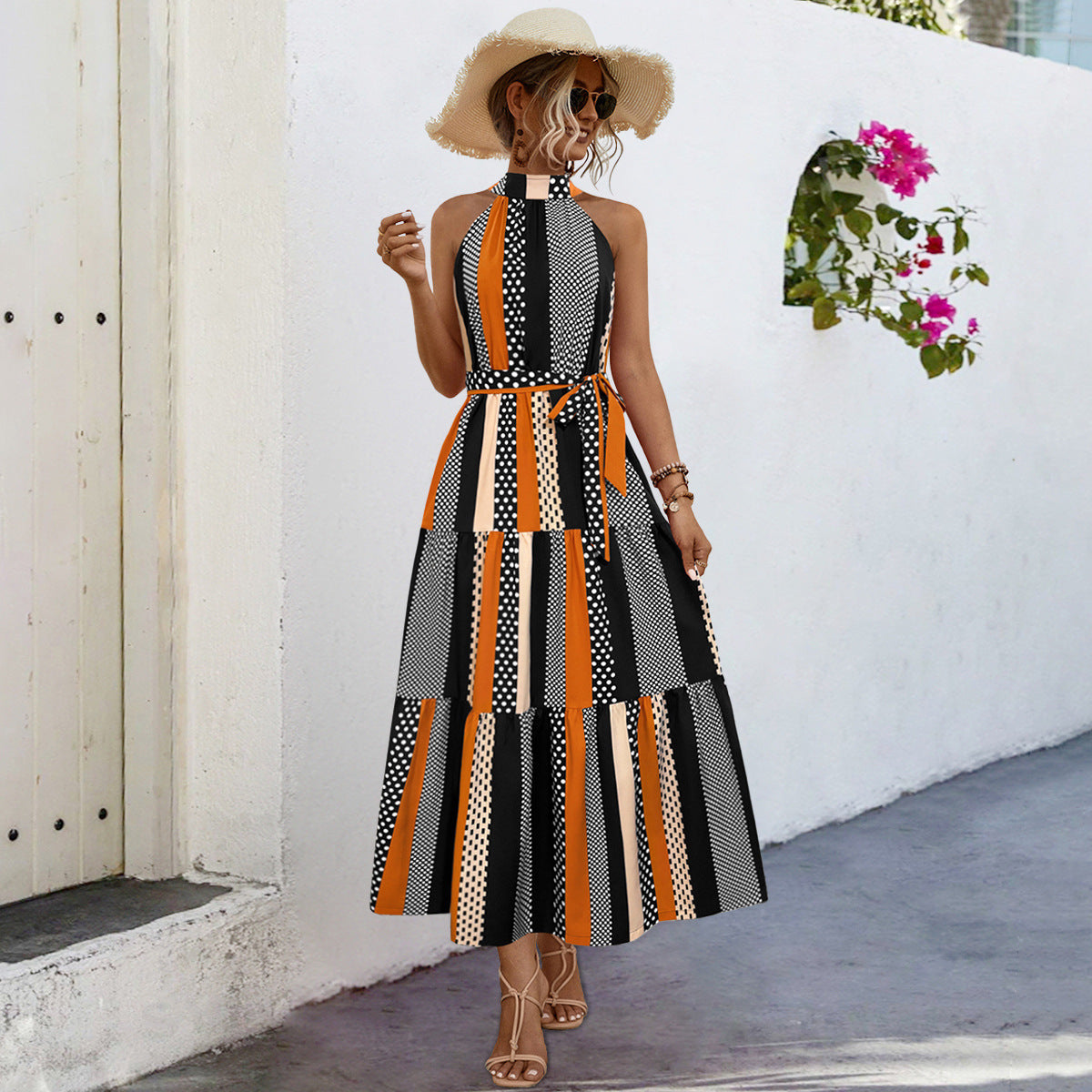 Damen Maxikleid mit modernem High-Neck Design und buntem Patchwork R&B