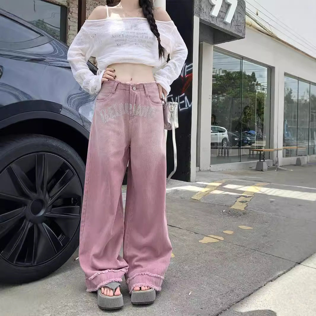 Damen lockere High-Waist Jeans mit fransigem Saum und modischen Schriftzügen R&B