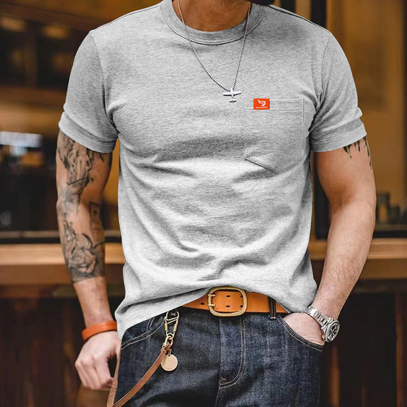 Herren klassisches Kurzarm T-Shirt mit Brusttasche aus hochwertiger Baumwolle R&B