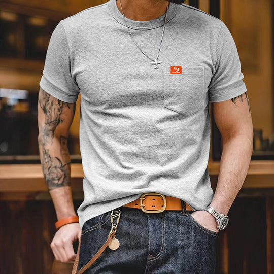 Herren klassisches Kurzarm T-Shirt mit Brusttasche aus hochwertiger Baumwolle R&B