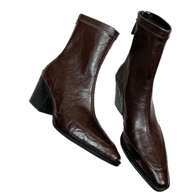 Damen elegante Ankle Boots mit robustem Blockabsatz und spitz zulaufender Zehenpartie