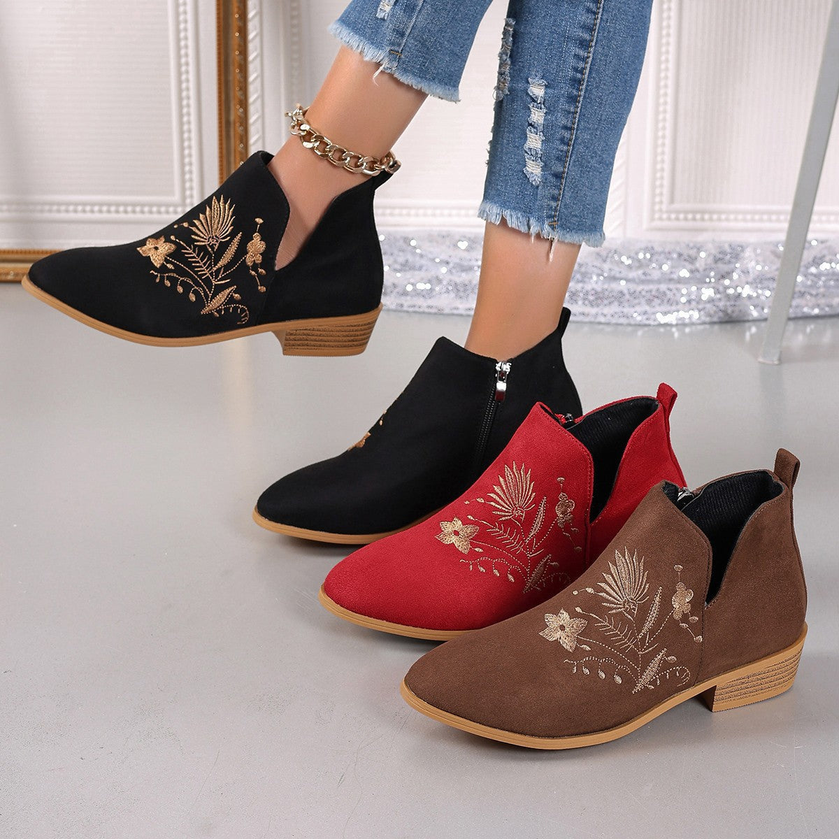 Damen Stiefeletten mit floralem Stickdesign und seitlichem Reißverschluss R&B
