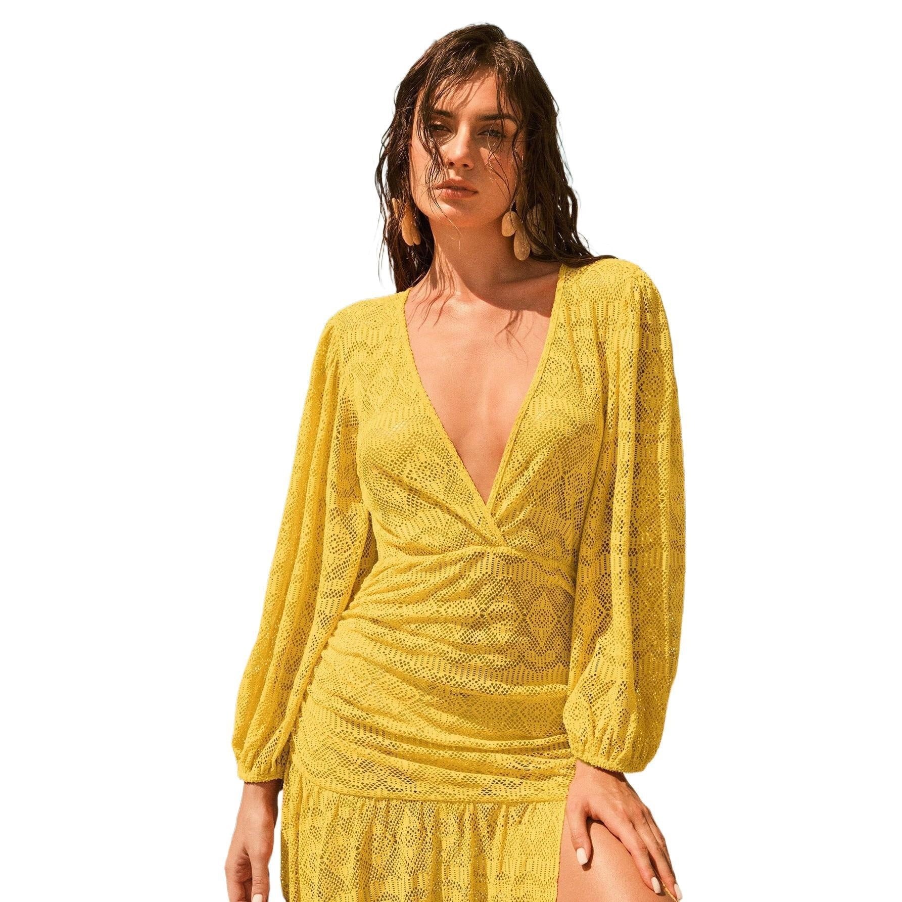 Damen Maxikleid mit tiefem V-Ausschnitt und weitem Ärmel R&B
