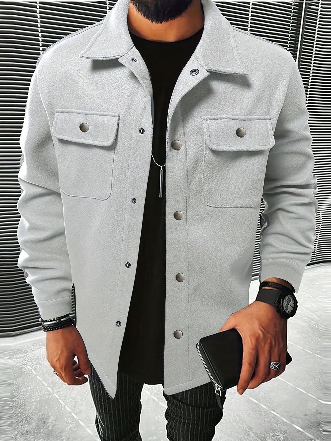 Herren nan Hemdenjacke aus Wollmix mit Druckknöpfen und Pattentaschen R&B