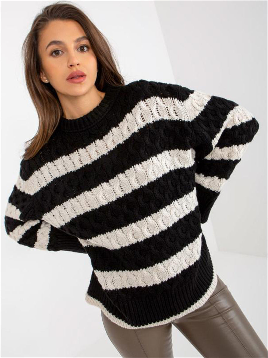 Damen Grobstrickpullover mit modischem Streifenmuster und voluminösen Ärmeln R&B