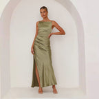 Damen schickes Maxikleid mit elegantem Schlitz und luxuriösem Satin-Finish R&B