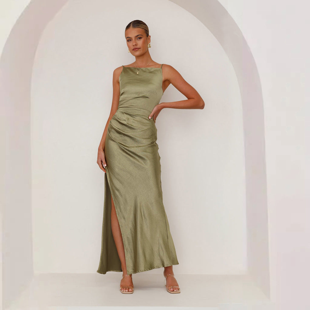Damen schickes Maxikleid mit elegantem Schlitz und luxuriösem Satin-Finish R&B