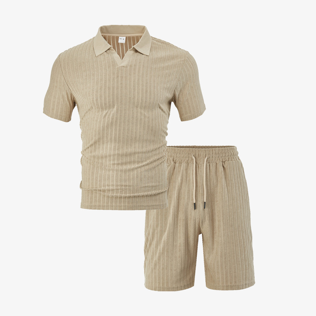 Herren nan Strick-Lounge-Ensemble mit Polokragen V‑Einsatz und Tunnelzug-Bermudas R&B