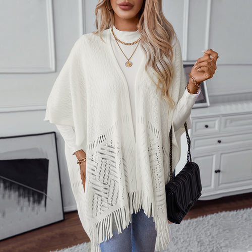 Damen eleganter Strickponcho mit fransigen Details und markantem Muster R&B