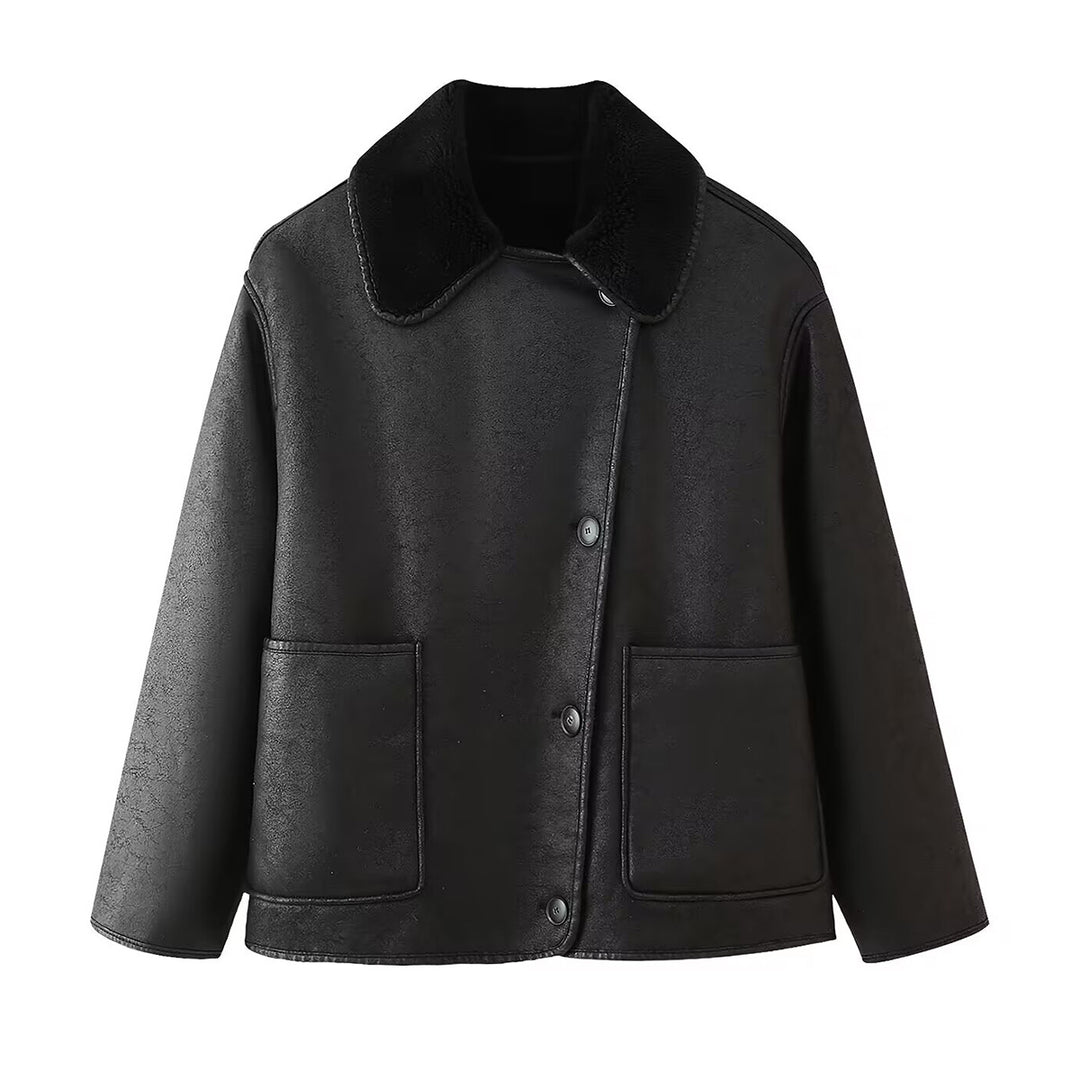 Damen Kunstlederjacke mit luxuriösem Fellkragen und praktischen Taschen R&B