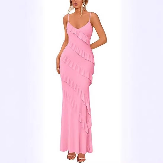 Damen Maxikleid mit Rüschen und Spaghettiträgern R&B