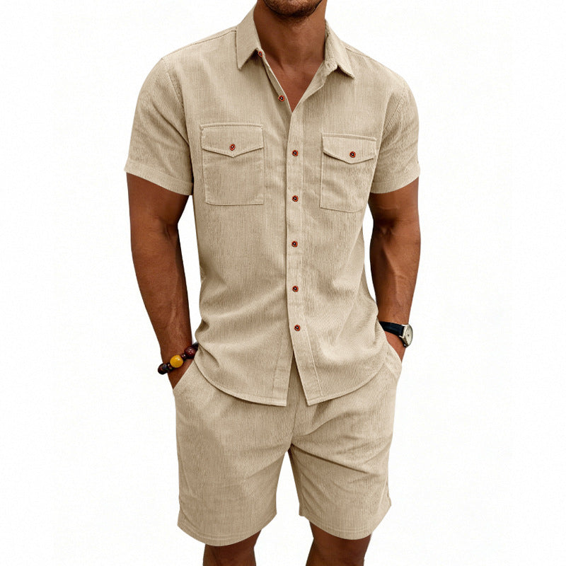Herren nan strukturiertes Cord-Freizeitset mit Camp-Kragen-Hemd und lässigen Shorts R&B