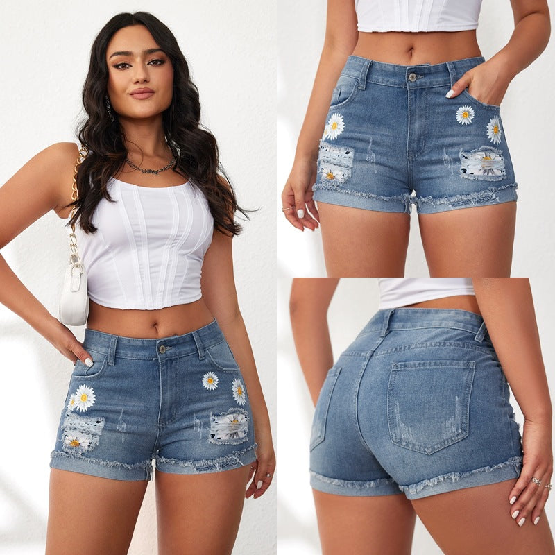 Damen Jeansshorts mit auffälligen Blumenstickereien und lässigem Saum R&B