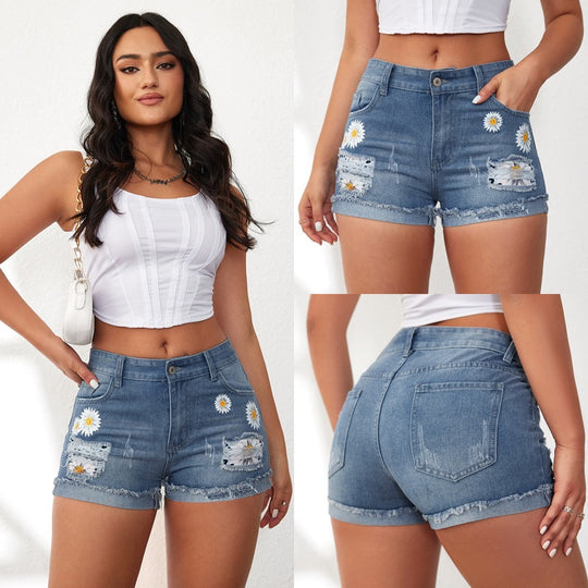 Damen Jeansshorts mit auffälligen Blumenstickereien und lässigem Saum R&B