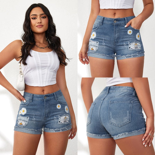 Damen Jeansshorts mit auffälligen Blumenstickereien und lässigem Saum R&B