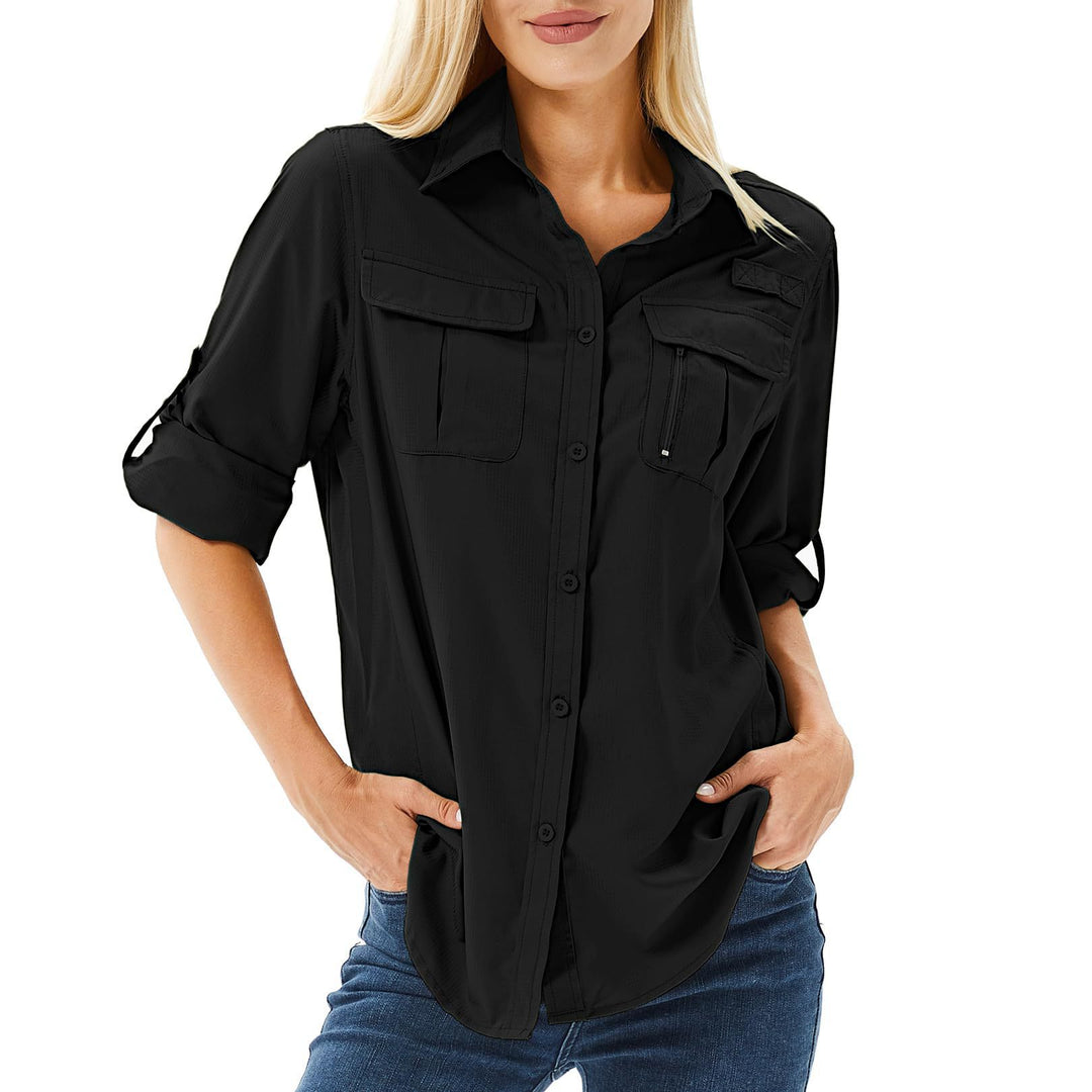 Damen lässige Bluse mit praktischen Taschen und umschlagbaren Ärmeln R&B